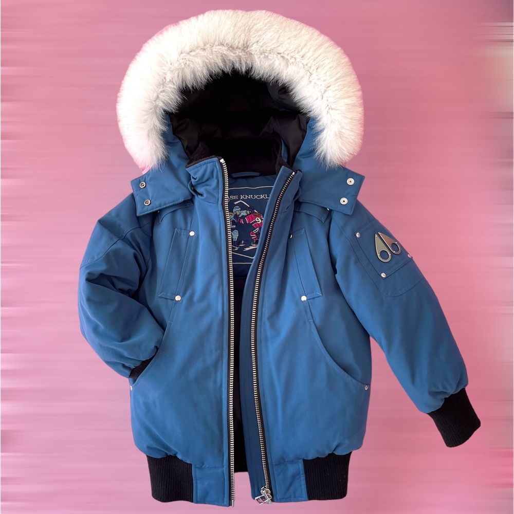 Moose Knuckles Kids Girls Bomber Jacket Coat, Chambray Blue / Fox Fur, Size XS